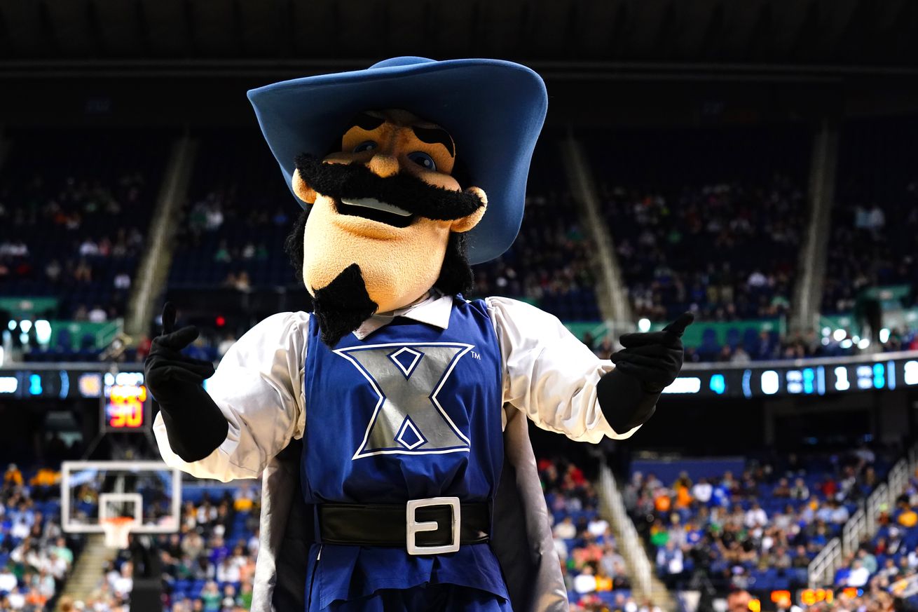 The Xavier Musketeers mascot performs during the first half against the Kennesaw State Owls at Greensboro Coliseum.