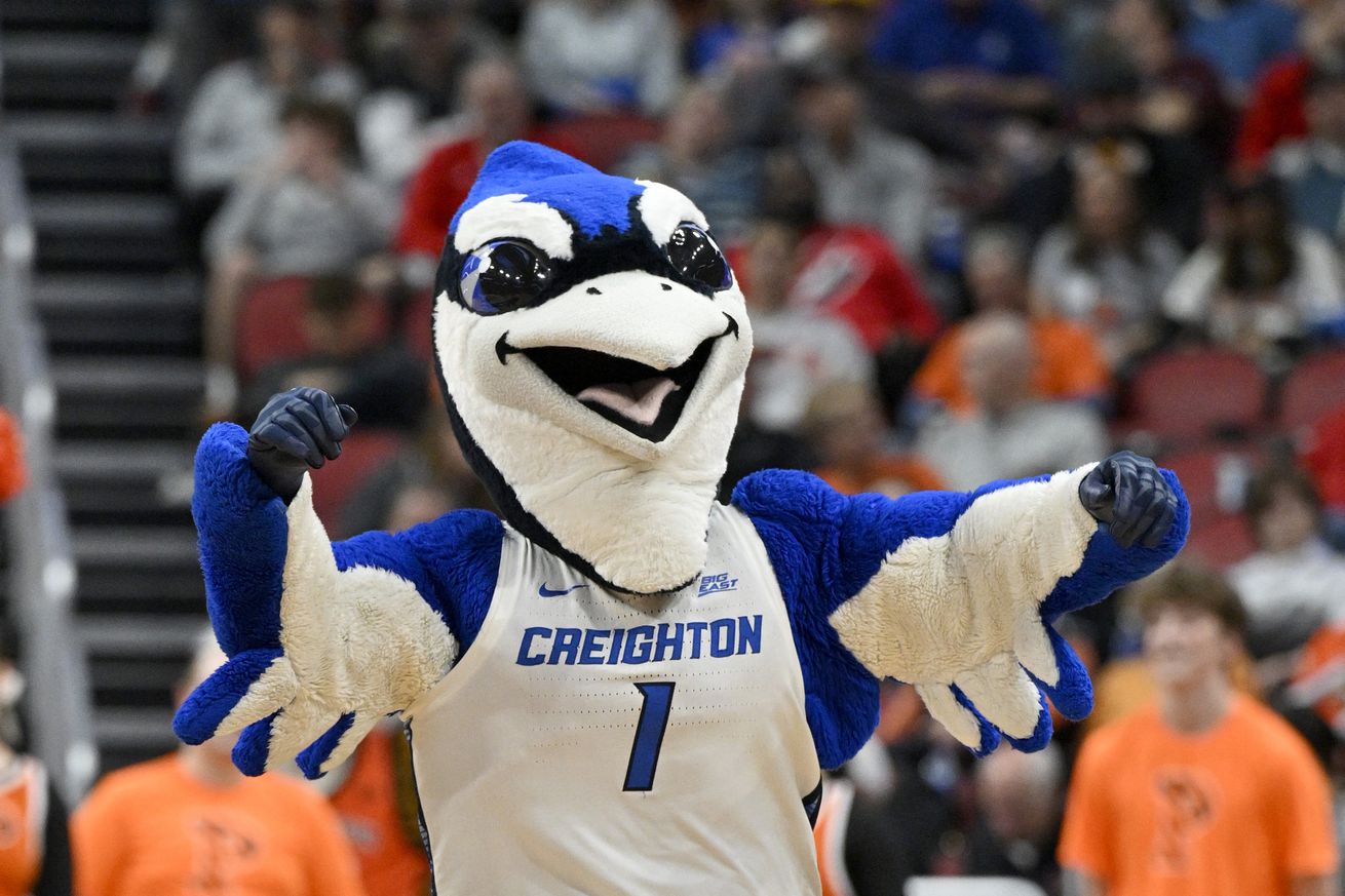 The mascot for the Creighton Bluejays during the first half of the NCAA tournament round of sixteen against the Princeton Tigers at KFC YUM! Center. 