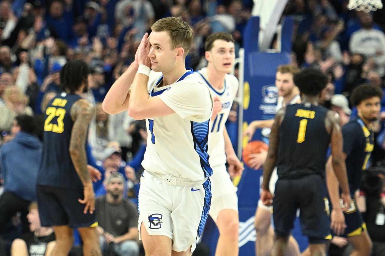 Creighton Bluejays guard Steven Ashworth (1) signals a Night Night celebration against the Marquette Golden Eagles late in the second half at CHI Health Center Omaha. 