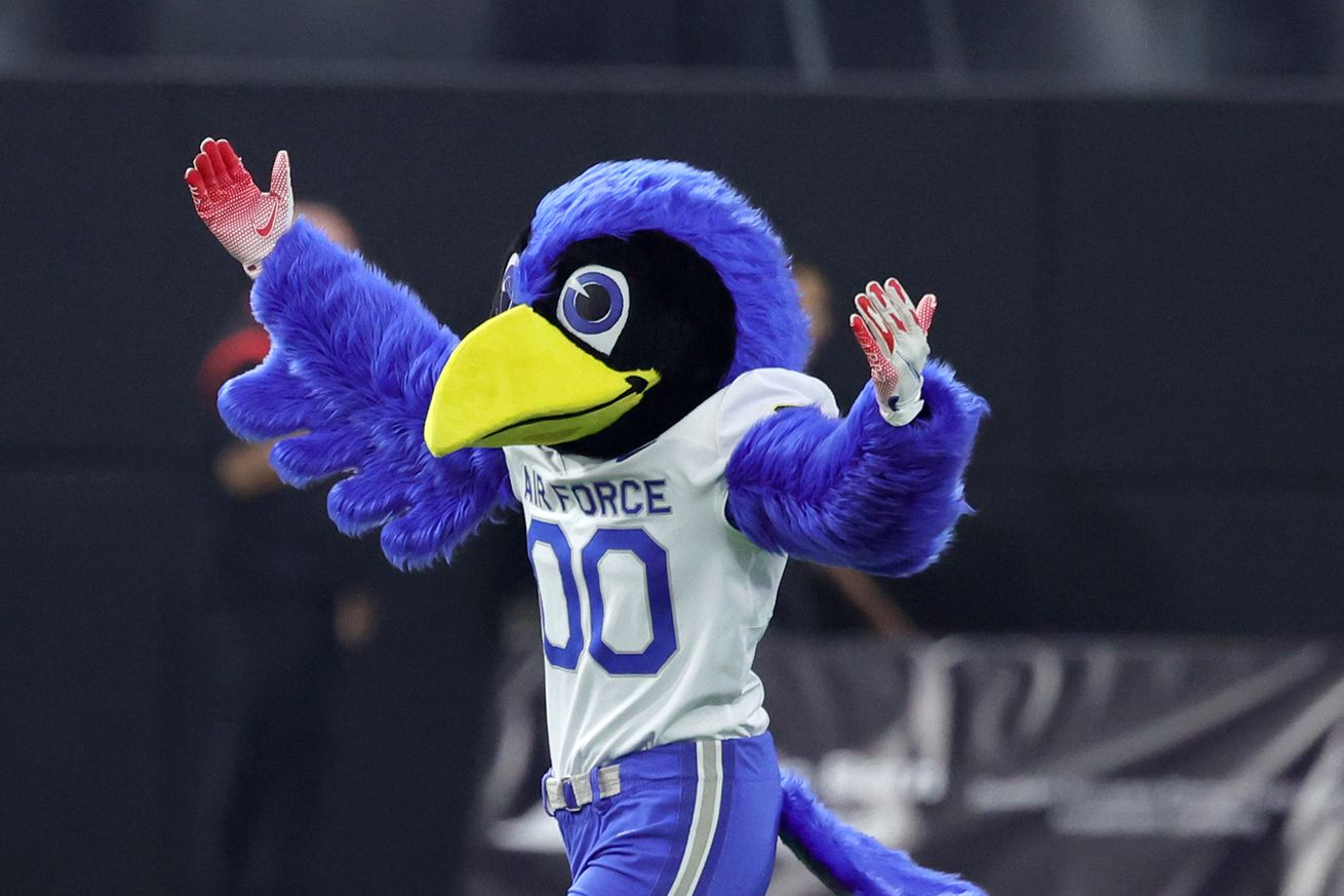 The Air Force Falcons mascot The Bird runs onto the field before the team’s game against the UNLV Rebels at Allegiant Stadium on October 15, 2022 in Las Vegas, Nevada. The Falcons defeated the Rebels 42-7.