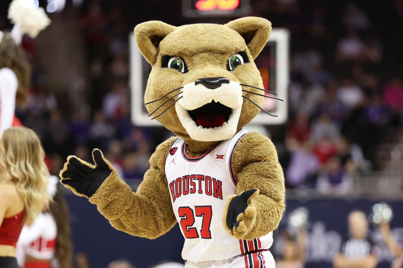 The Houston Cougars mascot in the first half of a Big 12 tournament quarterfinal game between the TCU Horned Frogs and Houston Cougars on Mar 14, 2024 at T-Mobile Center in Kansas City, MO.