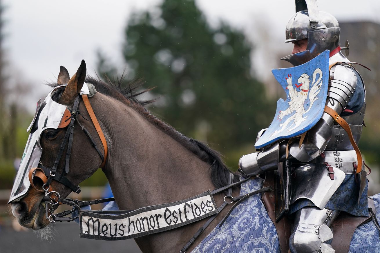 Knights in armour enter the arena for a practice session during a press event ahead of the 2024 Easter International Jousting Tournament held at the Royal Armouries Museum in Leeds on March 28, 2024 in Leeds, England. 