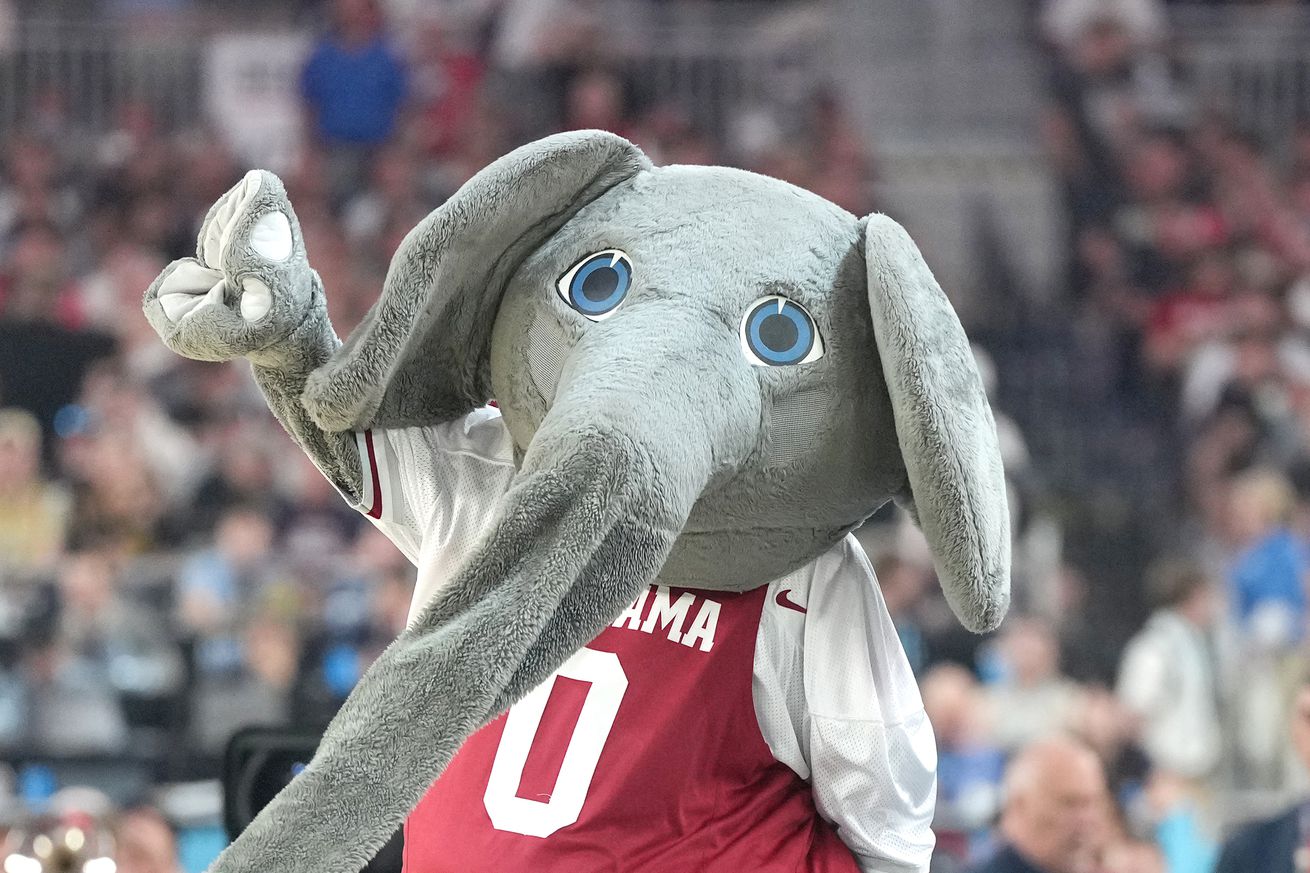 The Alabama Crimson Tide mascot on the floor during the NCAA Mens Basketball Tournament Final Four semifinal game against The Connecticut Huskiesk at State Farm Stadium on April 06, 2024 in Glendale, Arizona.