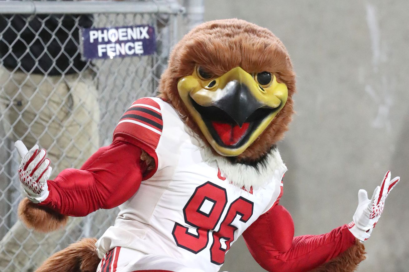 Utah Utes Mascot Swoop poses for the camera during a timeout in thee Utah Utes against the Arizona State Sun Devils football game at Mountain America Stadium on October 11, 2024 in Tempe, Arizona.