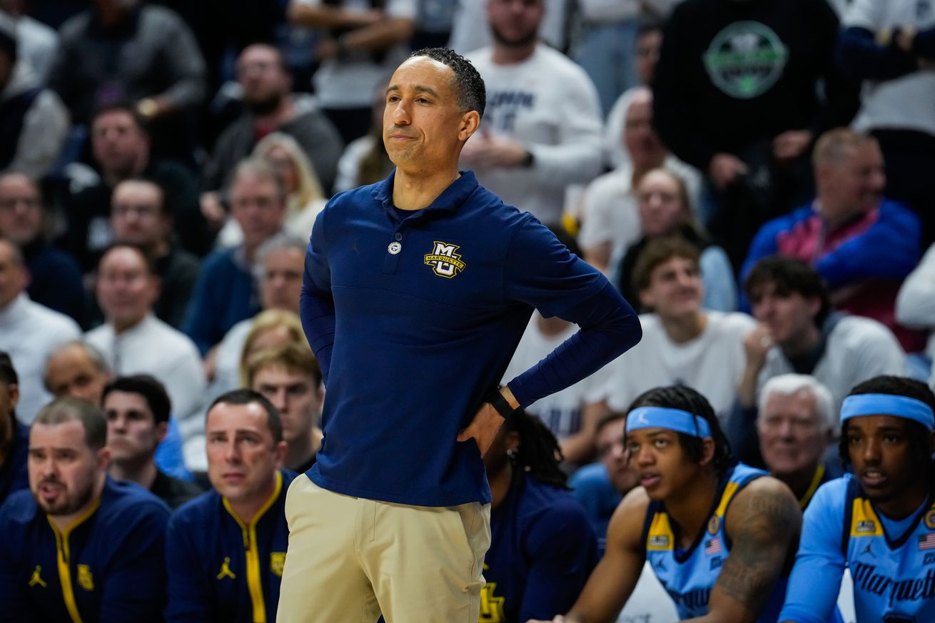 Marquette Golden Eagles head coach Shaka Smart coaches his team against the Connecticut Huskies during the second half of an NCAA basketball game at the Harry A. Gampel Pavilion on March 5, 2025 in Storrs, Connecticut.