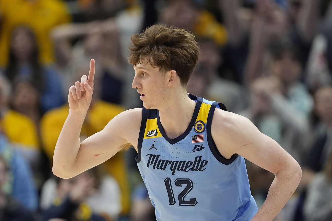 Ben Gold #12 of the Marquette Golden Eagles reacts against the St. John’s Red Storm during the second half at Fiserv Forum on March 08, 2025 in Milwaukee, Wisconsin.