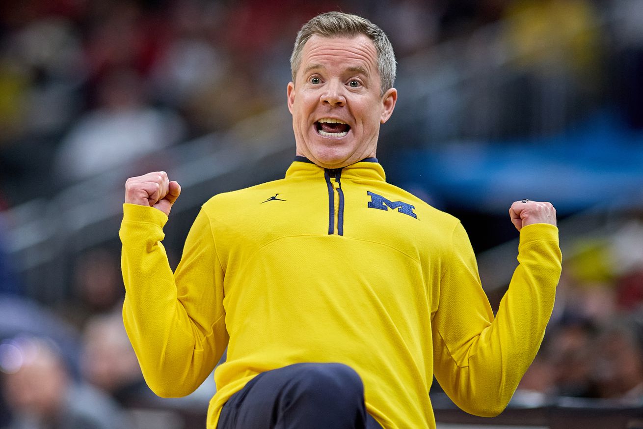 Head coach Dusty May of the Michigan Wolverines reacts after a play on during the Big Ten Men’s Basketball Tournament Championship game at Gainbridge Fieldhouse on March 16, 2025 in Indianapolis, Indiana.