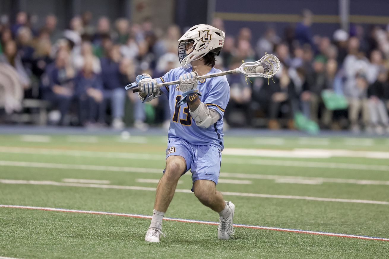 Marquette’s Bobby O’Grady in action with the ball during a 2025 game on the road at Notre Dame.