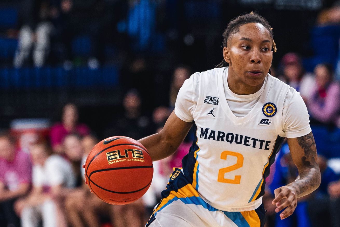 Marquette’s Jaidynn Mason with the ball at the Al McGuire Center.