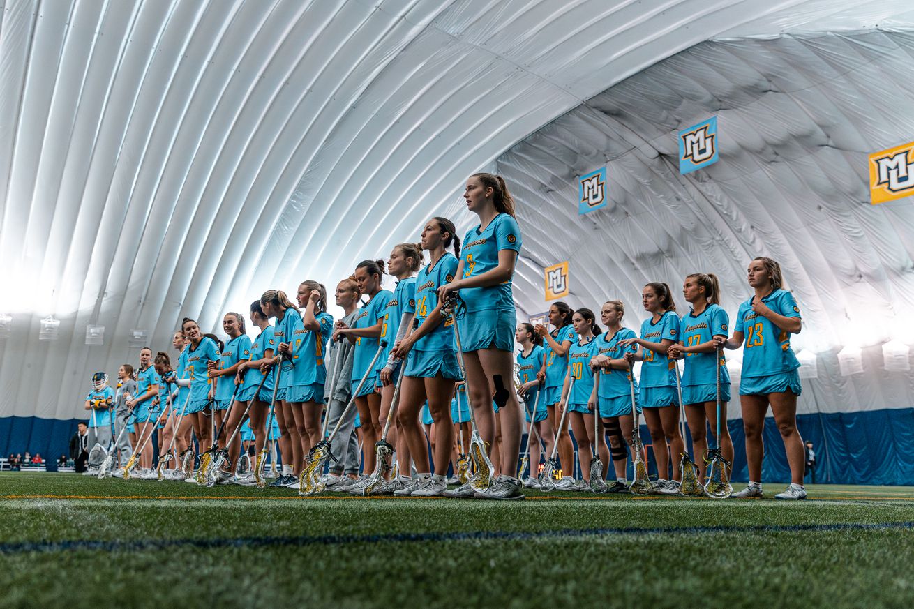 Marquette women’s lacrosse gets ready for a game in the Valley Fields seasonal bubble.