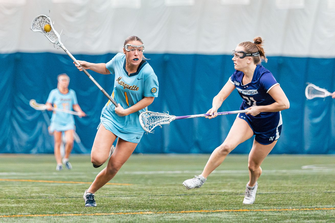 Marquette’s Tess Osburn attacking with the ball in a game against #3 Northwestern in the Valley Fields seasonal bubble on March 7, 2025.