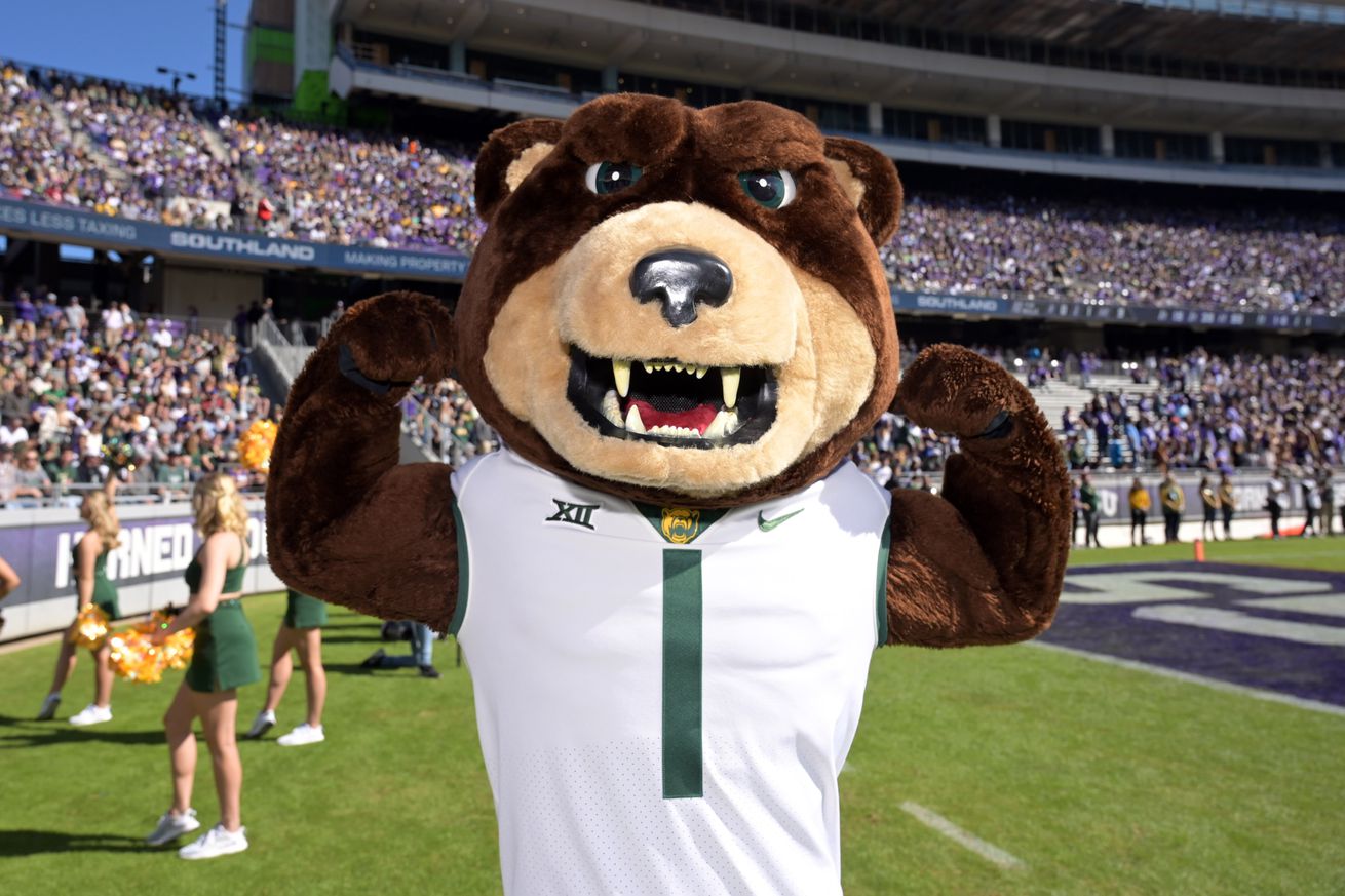 Baylor Bears mascot Bruiser the Bear poses during a game against the TCU Horned Frogs at Amon G. Carter Stadium. 