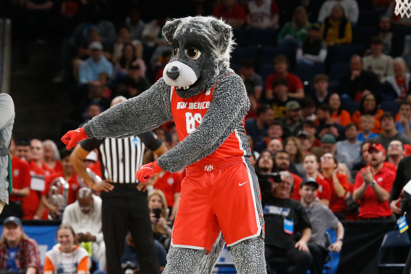 New Mexico Lobos mascot performs during the first half against the Clemson Tigers in the NCAA Tournament First Round at FedExForum. 